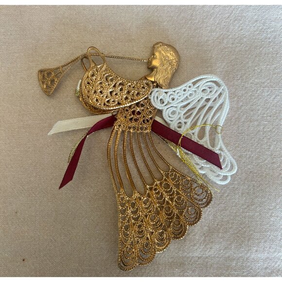 Vintage Gold Ornate Plastic Angel Ornament Trumpet Burgundy Ribbon Accents Holid - Picture 1 of 3